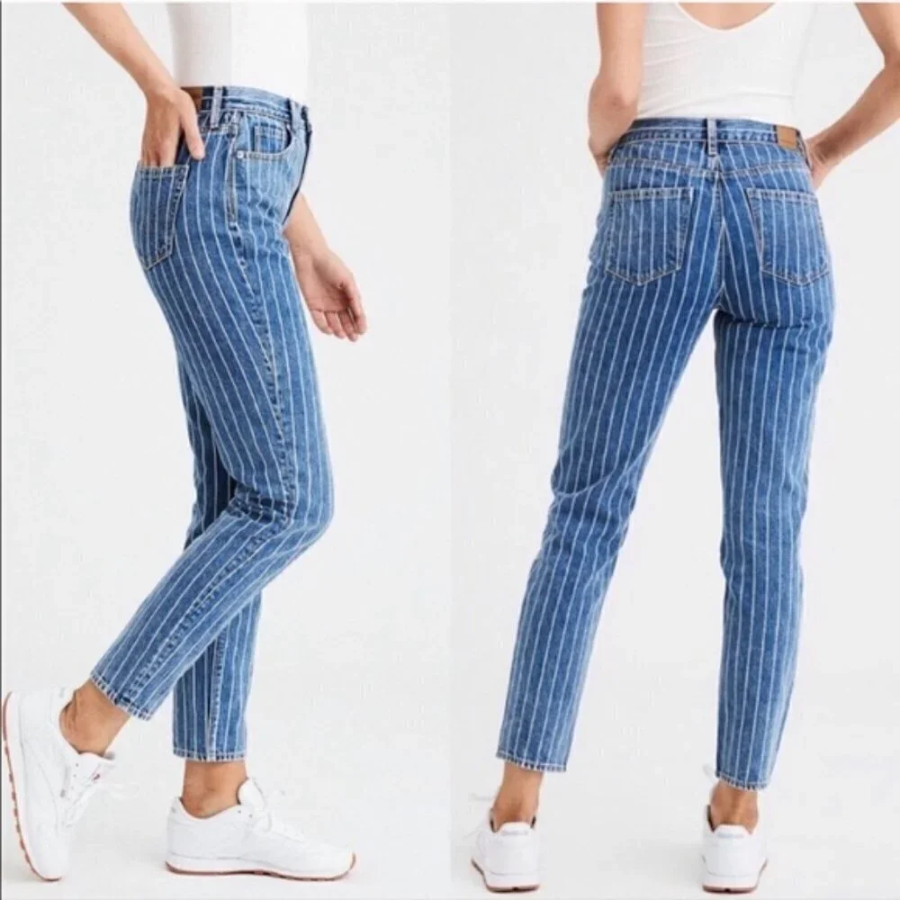 American Eagle Mom Jeans Womens 6 High Rise Denim Blue Striped Retro Festival